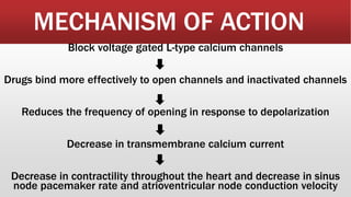 MECHANISM OF ACTION
Block voltage gated L-type calcium channels
Drugs bind more effectively to open channels and inactivated channels
Reduces the frequency of opening in response to depolarization
Decrease in transmembrane calcium current
Decrease in contractility throughout the heart and decrease in sinus
node pacemaker rate and atrioventricular node conduction velocity
 