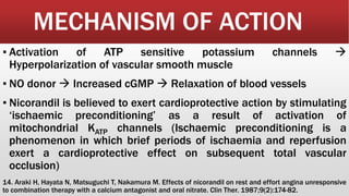 MECHANISM OF ACTION
▪ Activation of ATP sensitive potassium channels 
Hyperpolarization of vascular smooth muscle
▪ NO donor  Increased cGMP  Relaxation of blood vessels
▪ Nicorandil is believed to exert cardioprotective action by stimulating
‘ischaemic preconditioning’ as a result of activation of
mitochondrial KATP channels (Ischaemic preconditioning is a
phenomenon in which brief periods of ischaemia and reperfusion
exert a cardioprotective effect on subsequent total vascular
occlusion)
14. Araki H, Hayata N, Matsuguchi T, Nakamura M. Effects of nicorandil on rest and effort angina unresponsive
to combination therapy with a calcium antagonist and oral nitrate. Clin Ther. 1987;9(2):174-82.
 