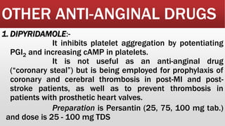 OTHER ANTI-ANGINAL DRUGS
1. DIPYRIDAMOLE:-
It inhibits platelet aggregation by potentiating
PGI2 and increasing cAMP in platelets.
It is not useful as an anti-anginal drug
(“coronary steal”) but is being employed for prophylaxis of
coronary and cerebral thrombosis in post-MI and post-
stroke patients, as well as to prevent thrombosis in
patients with prosthetic heart valves.
Preparation is Persantin (25, 75, 100 mg tab.)
and dose is 25 - 100 mg TDS
 