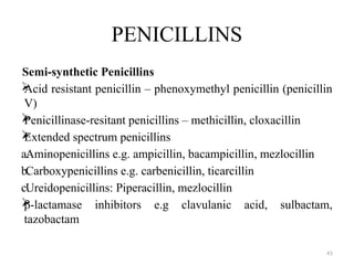 41
PENICILLINS
Semi-synthetic Penicillins

Acid resistant penicillin – phenoxymethyl penicillin (penicillin
V)

Penicillinase-resitant penicillins – methicillin, cloxacillin

Extended spectrum penicillins
a.
Aminopenicillins e.g. ampicillin, bacampicillin, mezlocillin
b.
Carboxypenicillins e.g. carbenicillin, ticarcillin
c.
Ureidopenicillins: Piperacillin, mezlocillin

β-lactamase inhibitors e.g clavulanic acid, sulbactam,
tazobactam
 