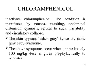 93
CHLORAMPHENICOL
inactivate chloramphenicol. The condition is
manifested by nausea, vomiting, abdominal
distension, cyanosis, refusal to suck, irritability
and circulatory collapse.
The skin appears ‘ashen gray’ hence the name
gray baby syndrome.
The above symptoms occur when approximately
100 mg/kg dose is given prophylactically to
neonates.
 