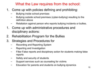 What the Law requires from the school:
1. Come up with policies defining and prohibiting:
– Bullying inside school premises
– Bullying outside school premises (cyber-bullying) resulting to the
definition above
– Retaliation against person who reports bullying incidents or bullies.
1. Come up with administrative procedures and
disciplinary actions:
2. Rehabilitation Program for the Bullies
3. Strategies and Procedures for
– Recording and Reporting System
– Reporting and Investigation
– Filter False reports and disciplinary action for students making false
reports
– Safety and security of students
– Support services such as counseling for victims
– Education for parents and students on bullying dynamics
10
 