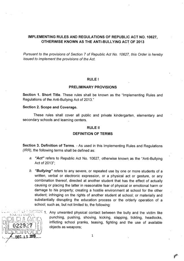 Anti bullying act ra 10627 implementing rules and regulations