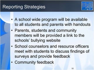 Reporting Strategies
• A school wide program will be available
to all students and parents with handouts
• Parents, studen...