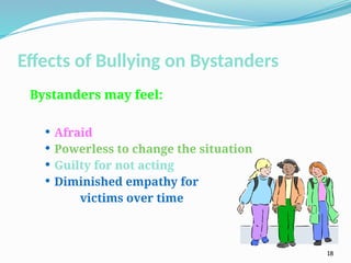 Effects of Bullying on Bystanders
Bystanders may feel:
 Afraid
 Powerless to change the situation
 Guilty for not acting
 Diminished empathy for
victims over time
18
 