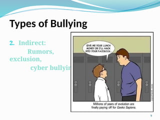 Types of Bullying
2. Indirect:
Rumors,
exclusion,
cyber bullying
9
 