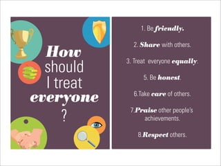 1. Be friendly.

             2. Share with others.
 How
 should
           3. Treat everyone equally.


 I treat
                 5. Be honest.


everyone     6.Take care of others.


   ?
            7.Praise other people’s
                achievements.

               8.Respect others.
 