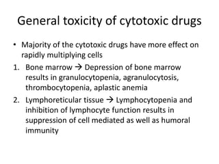 General toxicity of cytotoxic drugs
• Majority of the cytotoxic drugs have more effect on
rapidly multiplying cells
1. Bone marrow  Depression of bone marrow
results in granulocytopenia, agranulocytosis,
thrombocytopenia, aplastic anemia
2. Lymphoreticular tissue  Lymphocytopenia and
inhibition of lymphocyte function results in
suppression of cell mediated as well as humoral
immunity
 