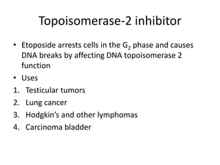 Topoisomerase-2 inhibitor
• Etoposide arrests cells in the G2 phase and causes
DNA breaks by affecting DNA topoisomerase 2
function
• Uses
1. Testicular tumors
2. Lung cancer
3. Hodgkin’s and other lymphomas
4. Carcinoma bladder
 