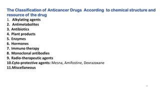 The Classification of Anticancer Drugs According to chemical structure and
resource of the drug
1. Alkylating agents
2. Antimetabolites
3. Antibiotics
4. Plant products
5. Enzymes
6. Hormones
7. Immuno therapy
8. Monoclonal antibodies
9. Radio-therapeutic agents
10.Cyto-protective agents: Mesna, Amifostine, Dexrazoxane
11.Miscellaneous
10
 