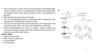▪ Their mechanism of action relies on the formation of diazohydroxyde
in basic conditions, that in turn generates a reactive cation responsible
for alkylation which takes place primarily on O6 or N7 positions of
guanines
▪ O6G alkylation by carmustine is described
▪ First, a chloroethylated adduct is generated and is followed by the
formation of a N1G:N3Cinter-strand cross-link
▪ This type of lesion contributes to the cytotoxicity of nitrosoureas to the
same extent than other cross-links such as O6G:N1C or N7G:N3C.
▪ Protein carbamoylation on lysine or arginine residues induced by
isocyanate could also impair the activity of key proteins involved in cell
survival such as DNA repair factors.
Adverse effect:
▪ Nausea and vomiting
▪ Bone marrow suppression
▪ Visceral fibrosis
▪ Renal damage
carmustine
29
 