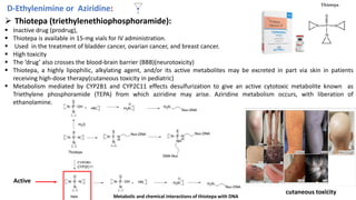 D-Ethylenimine or Aziridine:
➢ Thiotepa (triethylenethiophosphoramide):
▪ Inactive drug (prodrug),
▪ Thiotepa is available in 15-mg vials for IV administration.
▪ Used in the treatment of bladder cancer, ovarian cancer, and breast cancer.
▪ High toxicity
▪ The ‘drug’ also crosses the blood-brain barrier (BBB)(neurotoxicity)
▪ Thiotepa, a highly lipophilic, alkylating agent, and/or its active metabolites may be excreted in part via skin in patients
receiving high-dose therapy(cutaneous toxicity in pediatric)
▪ Metabolism mediated by CYP2B1 and CYP2C11 effects desulfurization to give an active cytotoxic metabolite known as
Triethylene phosphoramide (TEPA) from which aziridine may arise. Aziridine metabolism occurs, with liberation of
ethanolamine.
Metabolic and chemical interactions of thiotepa with DNA
Active
cutaneous toxicity
30
 