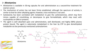 ➢ Altretamine
▪ Altretamine is available in 50-mg capsules for oral administration as a second-line treatment for
ovarian cancer.
▪ The mechanism of action has not been firmly established, although the spectrum of activity is
similar to that for other alkylating agents; however, cross-resistance is not seen.
▪ Cytotoxicity has been correlated with metabolism to give the carbinolamines, which may form
imines capable of crosslinking, or decompose to give formaldehyde, which may react with
nucleophiles on DNA or proteins.
▪ The agent is well absorbed upon oral administration, well distributed, and highly (90%) plasma
protein bound. The agent is extensively metabolized in the liver by CYP to give demethylated
metabolite via the previously mentioned carbinolamines
Altretamine
31
 