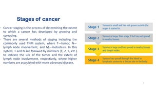 Stages of cancer
▪ Cancer staging is the process of determining the extent
to which a cancer has developed by growing and
spreading.
▪ There are several methods of staging including the
commonly used TNM system, where T—tumor, N—
lymph node involvement, and M—metastasis. In this
system, T and N are followed by numbers (1, 2, 3, etc.)
to indicate the size of the tumor and the extent of
lymph node involvement, respectively, where higher
numbers are associated with more advanced disease.
7
 