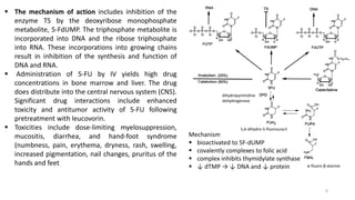 Mechanism
▪ bioactivated to 5F-dUMP
▪ covalently complexes to folic acid
▪ complex inhibits thymidylate synthase
▪ ↓ dTMP → ↓ DNA and ↓ protein synthesis
▪ The mechanism of action includes inhibition of the
enzyme TS by the deoxyribose monophosphate
metabolite, 5-FdUMP. The triphosphate metabolite is
incorporated into DNA and the ribose triphosphate
into RNA. These incorporations into growing chains
result in inhibition of the synthesis and function of
DNA and RNA.
▪ Administration of 5-FU by IV yields high drug
concentrations in bone marrow and liver. The drug
does distribute into the central nervous system (CNS).
Significant drug interactions include enhanced
toxicity and antitumor activity of 5-FU following
pretreatment with leucovorin.
▪ Toxicities include dose-limiting myelosuppression,
mucositis, diarrhea, and hand-foot syndrome
(numbness, pain, erythema, dryness, rash, swelling,
increased pigmentation, nail changes, pruritus of the
hands and feet
dihydropyrimidine
dehydrogenase
5,6-dihydro-5-fluorouracil
α-fluoro-β-alanine
6
 