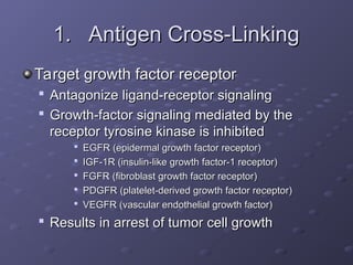 1.
1. Antigen Cross-Linking
Antigen Cross-Linking
Target growth factor receptor
Target growth factor receptor

Antagonize ligand-receptor signaling
Antagonize ligand-receptor signaling

Growth-factor signaling mediated by the
Growth-factor signaling mediated by the
receptor tyrosine kinase is inhibited
receptor tyrosine kinase is inhibited

EGFR (epidermal growth factor receptor)
EGFR (epidermal growth factor receptor)

IGF-1R (insulin-like growth factor-1 receptor)
IGF-1R (insulin-like growth factor-1 receptor)

FGFR (fibroblast growth factor receptor)
FGFR (fibroblast growth factor receptor)

PDGFR (platelet-derived growth factor receptor)
PDGFR (platelet-derived growth factor receptor)

VEGFR (vascular endothelial growth factor)
VEGFR (vascular endothelial growth factor)

Results in arrest of tumor cell growth
Results in arrest of tumor cell growth
 