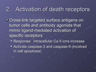 2.
2. Activation of death receptors
Activation of death receptors
Cross-link targeted surface antigens on
Cross-link targeted surface antigens on
tumor cells and antibody agonists that
tumor cells and antibody agonists that
mimic ligand-mediated activation of
mimic ligand-mediated activation of
specific receptors
specific receptors

Response: intracellular Ca II ions increase
Response: intracellular Ca II ions increase

Activate caspase-3 and caspase-9 (involved
Activate caspase-3 and caspase-9 (involved
in cell apoptosis)
in cell apoptosis)
 