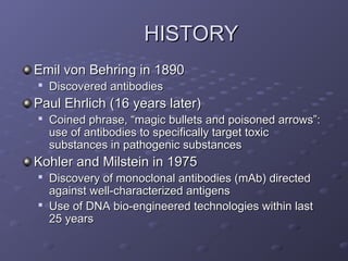 HISTORY
HISTORY
Emil von Behring in 1890
Emil von Behring in 1890

Discovered antibodies
Discovered antibodies
Paul Ehrlich (16 years later)
Paul Ehrlich (16 years later)

Coined phrase, “magic bullets and poisoned arrows”:
Coined phrase, “magic bullets and poisoned arrows”:
use of antibodies to specifically target toxic
use of antibodies to specifically target toxic
substances in pathogenic substances
substances in pathogenic substances
Kohler and Milstein in 1975
Kohler and Milstein in 1975

Discovery of monoclonal antibodies (mAb) directed
Discovery of monoclonal antibodies (mAb) directed
against well-characterized antigens
against well-characterized antigens

Use of DNA bio-engineered technologies within last
Use of DNA bio-engineered technologies within last
25 years
25 years
 