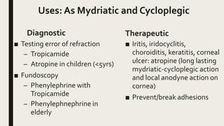 Uses: As Mydriatic and Cycloplegic
Diagnostic
■ Testing error of refraction
– Tropicamide
– Atropine in children (<5yrs)
■ Fundoscopy
– Phenylephrine with
Tropicamide
– Phenylephnephrine in
elderly
Therapeutic
■ Iritis, iridocyclitis,
choroiditis, keratitis, corneal
ulcer: atropine (long lasting
mydriatic-cycloplegic action
and local anodyne action on
cornea)
■ Prevent/break adhesions
 