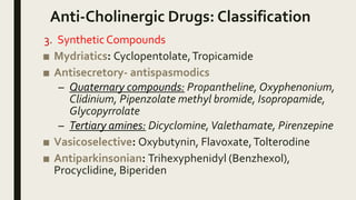 Anti-Cholinergic Drugs: Classification
3. Synthetic Compounds
■ Mydriatics: Cyclopentolate,Tropicamide
■ Antisecretory- antispasmodics
– Quaternary compounds: Propantheline, Oxyphenonium,
Clidinium, Pipenzolate methyl bromide, Isopropamide,
Glycopyrrolate
– Tertiary amines: Dicyclomine,Valethamate, Pirenzepine
■ Vasicoselective: Oxybutynin, Flavoxate,Tolterodine
■ Antiparkinsonian: Trihexyphenidyl (Benzhexol),
Procyclidine, Biperiden
 