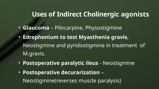 Uses of Indirect Cholinergic agonists
• Glaucoma – Pilocarpine, Physostigmine
• Edrophonium to test Myasthenia gravis,
Neostigmine and pyridostigmine in treatment of
M.gravis.
• Postoperative paralytic ileus - Neostigmine
• Postoperative decurarization –
Neostigmine(reverses muscle paralysis)
 