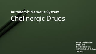 Autonomic Nervous System
Cholinergic Drugs
Dr BK Shoraisham
MBBS, MD
Senior Resident
GSVM Medical College
kanpur
 