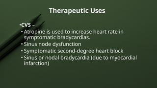•CVS –
• Atropine is used to increase heart rate in
symptomatic bradycardias.
• Sinus node dysfunction
• Symptomatic second-degree heart block
• Sinus or nodal bradycardia (due to myocardial
infarction)
Therapeutic Uses
 