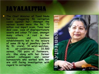  
   The Chief Minister of Tamil Nadu
    has a staggering 46 corruption
    cases against her. Amongst the
    various scams were the Rs. 70
    million coal import scam, Tansi land
    deal case, case of disproportionate
    assets and colour TV case, amongst
    many others. A raid in her
    residence         and       business
    establishments led to the seizure
    of some 28 kg of jewellery (worth
    Rs 51 crore), 91 wrist-watches,
    41      air-conditioners,    10,500
    sarees, 750 pairs of footwears,
    etc. She along with her former
    cabinet    colleagues   and   senior
    bureaucrats who worked with her
    are still facing investigation with
    regard to corruption.
 