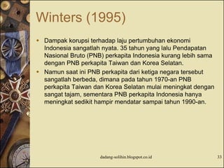 Winters (1995)
 Dampak korupsi terhadap laju pertumbuhan ekonomi
Indonesia sangatlah nyata. 35 tahun yang lalu Pendapatan
Nasional Bruto (PNB) perkapita Indonesia kurang lebih sama
dengan PNB perkapita Taiwan dan Korea Selatan.
 Namun saat ini PNB perkapita dari ketiga negara tersebut
sangatlah berbeda, dimana pada tahun 1970-an PNB
perkapita Taiwan dan Korea Selatan mulai meningkat dengan
sangat tajam, sementara PNB perkapita Indonesia hanya
meningkat sedikit hampir mendatar sampai tahun 1990-an.
dadang-solihin.blogspot.co.id 33
 