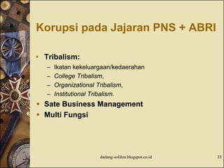 Korupsi pada Jajaran PNS + ABRI
• Tribalism:
– Ikatan kekeluargaan/kedaerahan
– College Tribalism,
– Organizational Tribalism,
– Institutional Tribalism.
 Sate Business Management
 Multi Fungsi
dadang-solihin.blogspot.co.id 35
 