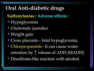 Oral Anti-diabetic drugs
Sulfonylureas : Adverse effects :
• Hypoglycemia
• Cholestatic jaundice
• Weight gain
• Cross placenta – fetal hypoglycemia.
• Chlorpropamide : It can cause water
retention by ↑ release of ADH (SIADH)
• Disulfiram-like reaction with alcohol.
 