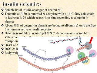  Soluble basal insulin analogue at neutral pH
 Threonin at B-30 is removed & acetylate with a 14-C fatty acid chain
to lysine at B-29 which causes it to bind reversibly to albumin in
plasma
 About 98% of detemir in plasma are bound to albumin & only the free
fraction can activate insulin receptor
 Detemir is soluble at neutral pH & S.C. depot remains in soluble
state,which makes the resorption surface larger & diminishes
resorption variability
 Onset of Action-1-2 hrs
 DOC 24 hrs
 Body weight decrease
 