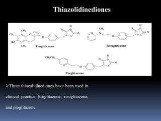 Thiazolidinediones
Three thiazolidinediones have been used in
clinical practice (troglitazone, rosiglitazone,
and pioglitazone
 