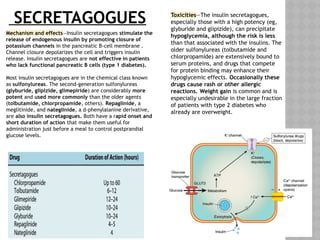 SECRETAGOGUES
Mechanism and effects—Insulin secretagogues stimulate the
release of endogenous insulin by promoting closure of
potassium channels in the pancreatic B-cell membrane .
Channel closure depolarizes the cell and triggers insulin
release. Insulin secretagogues are not effective in patients
who lack functional pancreatic B cells (type 1 diabetes).
Most insulin secretagogues are in the chemical class known
as sulfonylureas. The second-generation sulfonylureas
(glyburide, glipizide, glimepiride) are considerably more
potent and used more commonly than the older agents
(tolbutamide, chlorpropamide, others). Repaglinide, a
meglitinide, and nateglinide, a d-phenylalanine derivative,
are also insulin secretagogues. Both have a rapid onset and
short duration of action that make them useful for
administration just before a meal to control postprandial
glucose levels.
Toxicities—The insulin secretagogues,
especially those with a high potency (eg,
glyburide and glipizide), can precipitate
hypoglycemia, although the risk is less
than that associated with the insulins. The
older sulfonylureas (tolbutamide and
chlorpropamide) are extensively bound to
serum proteins, and drugs that compete
for protein binding may enhance their
hypoglycemic effects. Occasionally these
drugs cause rash or other allergic
reactions. Weight gain is common and is
especially undesirable in the large fraction
of patients with type 2 diabetes who
already are overweight.
 