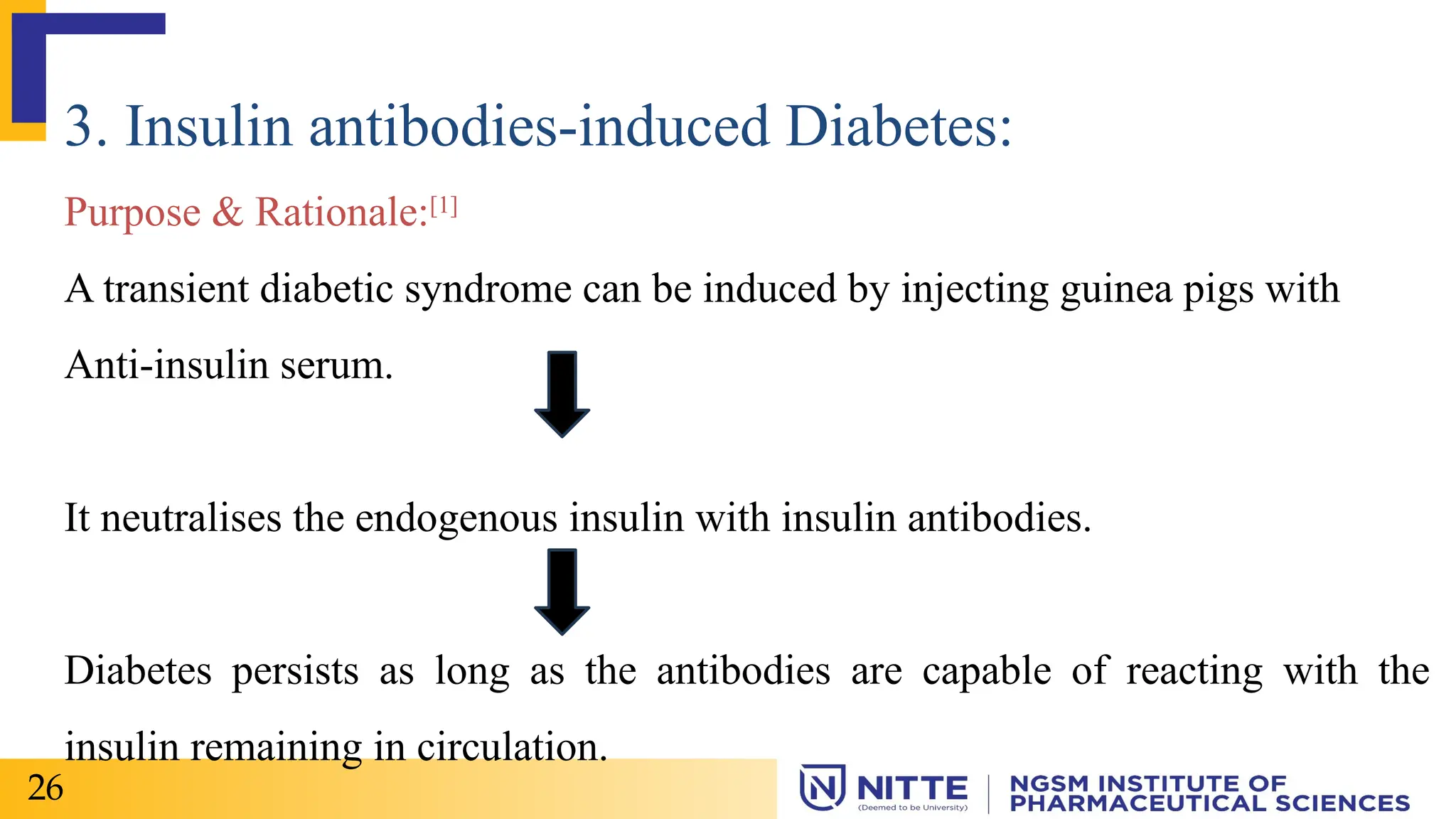 3. Insulin antibodies-induced Diabetes:
Purpose & Rationale:[1]
A transient diabetic syndrome can be induced by injecting guinea pigs with
Anti-insulin serum.
It neutralises the endogenous insulin with insulin antibodies.
Diabetes persists as long as the antibodies are capable of reacting with the
insulin remaining in circulation.
26
 