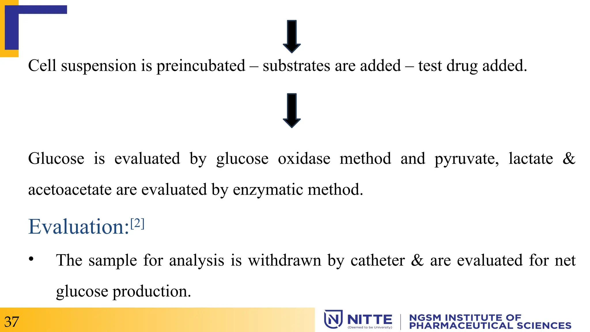 Cell suspension is preincubated – substrates are added – test drug added.
Glucose is evaluated by glucose oxidase method and pyruvate, lactate &
acetoacetate are evaluated by enzymatic method.
Evaluation:[2]
• The sample for analysis is withdrawn by catheter & are evaluated for net
glucose production.
37
 