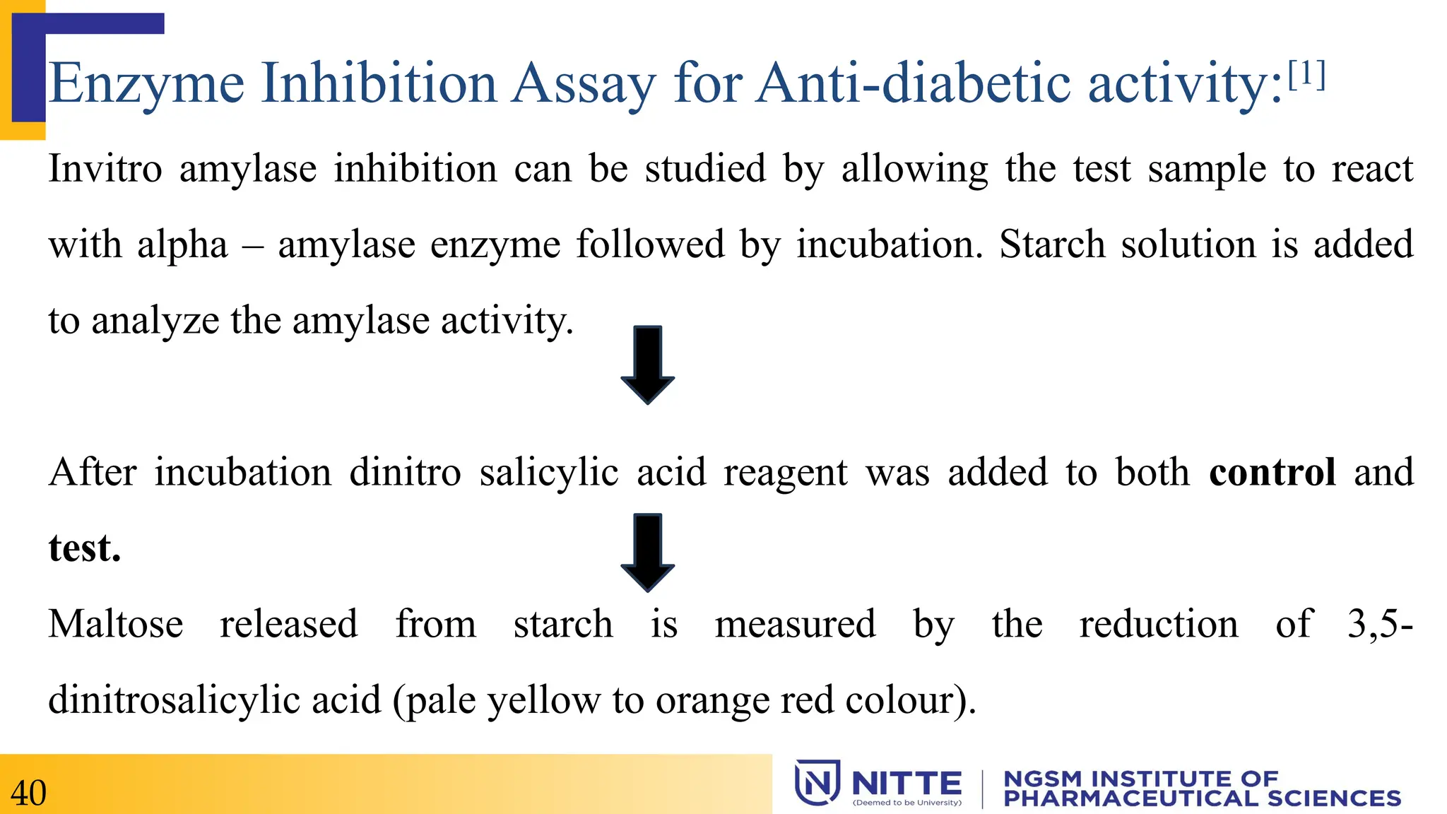 Enzyme Inhibition Assay for Anti-diabetic activity:[1]
Invitro amylase inhibition can be studied by allowing the test sample to react
with alpha – amylase enzyme followed by incubation. Starch solution is added
to analyze the amylase activity.
After incubation dinitro salicylic acid reagent was added to both control and
test.
Maltose released from starch is measured by the reduction of 3,5-
dinitrosalicylic acid (pale yellow to orange red colour).
40
 