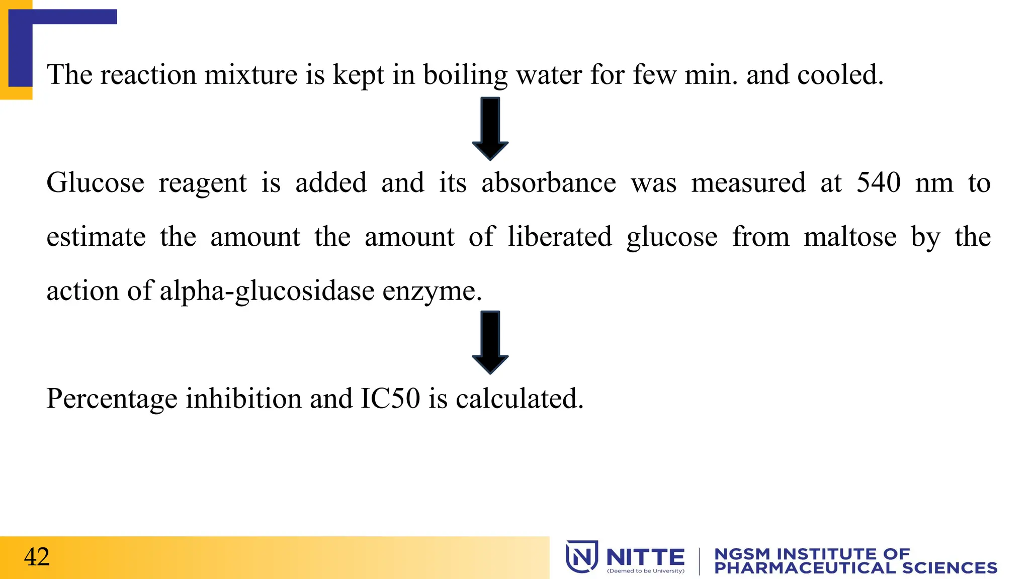 The reaction mixture is kept in boiling water for few min. and cooled.
Glucose reagent is added and its absorbance was measured at 540 nm to
estimate the amount the amount of liberated glucose from maltose by the
action of alpha-glucosidase enzyme.
Percentage inhibition and IC50 is calculated.
42
 