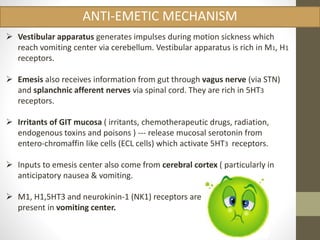 ANTI-EMETIC MECHANISM 
 Vestibular apparatus generates impulses during motion sickness which 
reach vomiting center via cerebellum. Vestibular apparatus is rich in M1, H1 
receptors. 
 Emesis also receives information from gut through vagus nerve (via STN) 
and splanchnic afferent nerves via spinal cord. They are rich in 5HT3 
receptors. 
 Irritants of GIT mucosa ( irritants, chemotherapeutic drugs, radiation, 
endogenous toxins and poisons ) --- release mucosal serotonin from 
entero-chromaffin like cells (ECL cells) which activate 5HT3 receptors. 
 Inputs to emesis center also come from cerebral cortex ( particularly in 
anticipatory nausea & vomiting. 
 M1, H1,5HT3 and neurokinin-1 (NK1) receptors are 
present in vomiting center. 
 