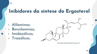 Inibidores da síntese do Ergosterol
• Alilaminas;
• Benzilaminas;
• Imidazólicos;
• Triazólicos.
Formula estrutural do Ergosterol
 