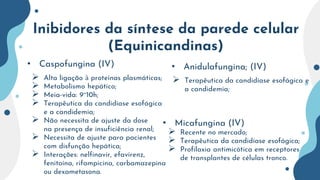 Inibidores da síntese da parede celular
(Equinicandinas)
• Caspofungina (IV)
• Micafungina (IV)
 Recente no mercado;
 Terapêutica da candidíase esofágica;
 Profilaxia antimicótica em receptores
de transplantes de células tronco.
 Alta ligação à proteínas plasmáticas;
 Metabolismo hepático;
 Meia-vida: 9~10h;
 Terapêutica da candidíase esofágica
e a candidemia;
 Não necessita de ajuste da dose
na presença de insuficiência renal;
 Necessita de ajuste para pacientes
com disfunção hepática;
 Interações: nelfinavir, efavirenz,
fenitoína, rifampicina, carbamazepina
ou dexametasona.
• Anidulafungina; (IV)
 Terapêutica da candidíase esofágica e
a candidemia;
 