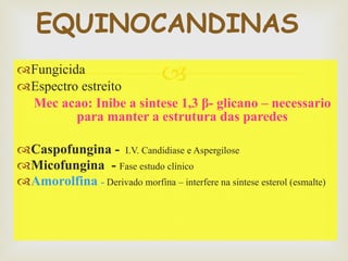 Fungicida  Espectro estreito  Mec acao: Inibe a sintese 1,3  β - glicano – necessario para manter a estrutura das paredes Caspofungina -  I.V. Candidiase e Aspergilose Micofungina  -  Fase estudo clínico Amorolfina  -  Derivado morfina – interfere na sintese esterol (esmalte) EQUINOCANDINAS  