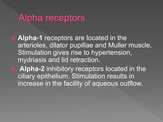  Alpha-1 receptors are located in the
arterioles, dilator pupillae and Muller muscle.
Stimulation gives rise to hypertension,
mydriasis and lid retraction.
 Alpha-2 inhibitory receptors located in the
ciliary epithelium. Stimulation results in
increase in the facility of aqueous outflow.
 