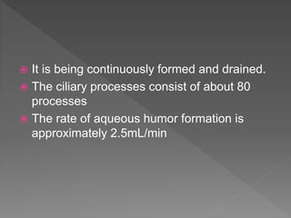  It is being continuously formed and drained.
 The ciliary processes consist of about 80
processes
 The rate of aqueous humor formation is
approximately 2.5mL/min
 