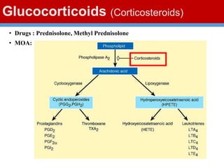 Glucocorticoids (Corticosteroids)
• Drugs : Prednisolone, Methyl Prednisolone
• MOA:
 