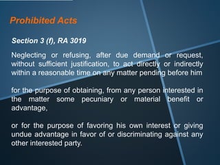 Prohibited Acts
Section 3 (g), RA 3019
Entering, on behalf of the Government, into any contract or
transaction manifestly ...