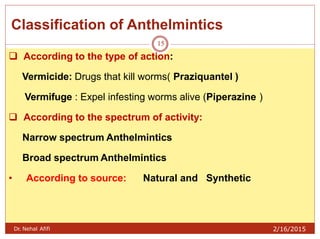 Classification of Anthelmintics
2/16/2015Dr. Nehal Afifi
15
 According to the type of action:
Vermicide: Drugs that kill worms( Praziquantel )
Vermifuge : Expel infesting worms alive (Piperazine )
 According to the spectrum of activity:
Narrow spectrum Anthelmintics
Broad spectrum Anthelmintics
• According to source: Natural and Synthetic
 