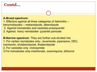 Contd…
A-Broad spectrum-
1. Effective against all three categories of helminths –
benzimidazoles – mebendazole, albendazole
2. Against trematodes and cestodes-praziquantel
3. Against many nematodes- pyrantel pamoate
B-Narrow spectrum- They are further sub-divided into
1. For certain nematodes only-, levamisole, piperazine, DEC,
ivermectin, triclabendazole, thiabendazole
2. For cestodes only -niclosamide
3.For trematodes only-metrifonate, oxamniquine, bithionol
 