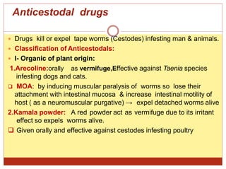 Anticestodal drugs
 Drugs kill or expel tape worms (Cestodes) infesting man & animals.
 Classification of Anticestodals:
 I- Organic of plant origin:
1.Arecoline:orally as vermifuge,Effective against Taenia species
infesting dogs and cats.
 MOA: by inducing muscular paralysis of worms so lose their
attachment with intestinal mucosa & increase intestinal motility of
host ( as a neuromuscular purgative) → expel detached worms alive
2.Kamala powder: A red powder act as vermifuge due to its irritant
effect so expels worms alive.
 Given orally and effective against cestodes infesting poultry
 