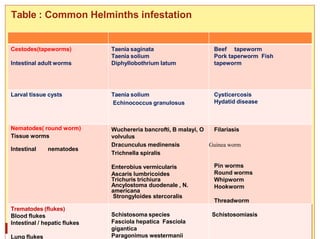 2/16/2015Dr. Nehal Afifi 11
Table : Common Helminths infestation
Cestodes(tapeworms)
Intestinal adult worms
Taenia saginata
Taenia solium
Diphyllobothrium latum
Beef tapeworm
Pork taperworm Fish
tapeworm
Larval tissue cysts Taenia solium
Echinococcus granulosus
Cysticercosis
Hydatid disease
Nematodes( round worm)
Tissue worms
Intestinal nematodes
Wuchereria bancrofti, B malayi, O
volvulus
Dracunculus medinensis
Trichnella spiralis
Enterobius vermicularis
Ascaris lumbricoides
Trichuris trichiura
Ancylostoma duodenale , N.
americana
Strongyloides stercoralis
Filariasis
Guinea worm
Pin worms
Round worms
Whipworm
Hookworm
Threadworm
Trematodes (flukes)
Blood flukes
Intestinal / hepatic flukes
Lung flukes
Schistosoma species
Fasciola hepatica Fasciola
gigantica
Paragonimus westermanii
Schistosomiasis
 